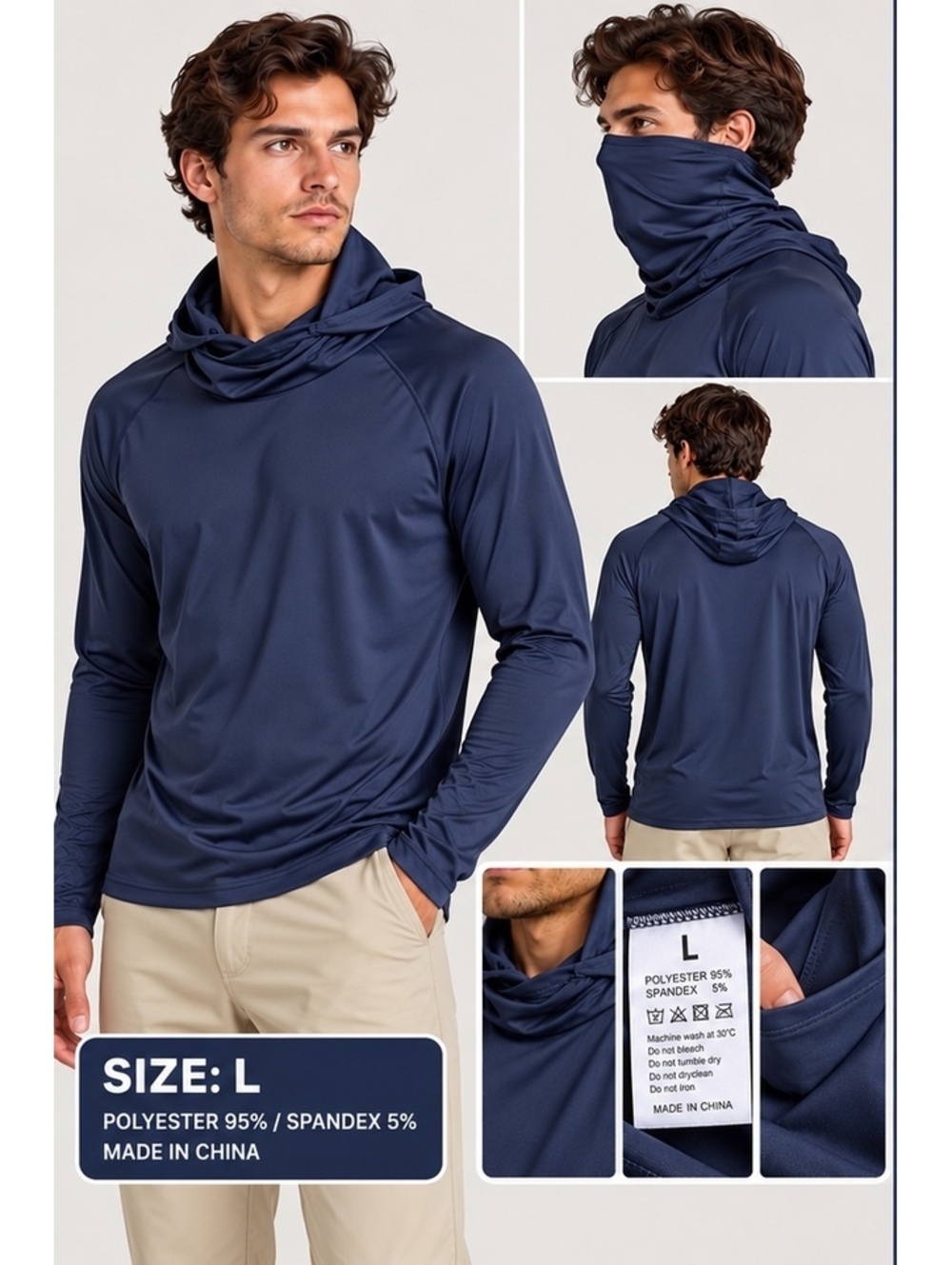 Men's navy hooded face cover long sleeve athletic top size L
